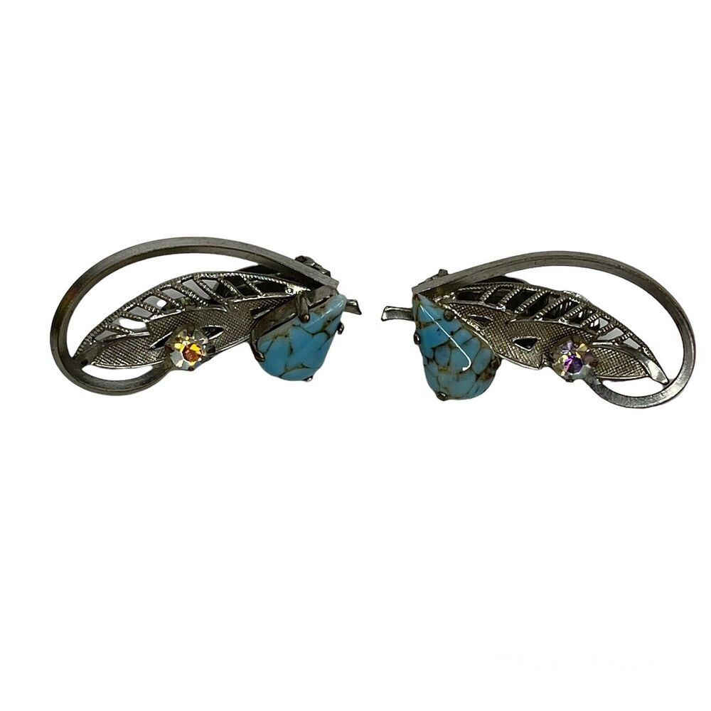 Vintage Silver Tone Leaf Teal Stone‎ Clip On Earrings Boho Retro Germany